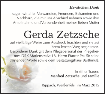 Traueranzeige von Gerda Zetzsche von WVG - Wochenspiegel Merseburg
