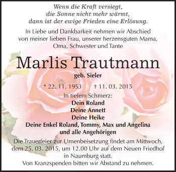 Traueranzeige von Marlis Trautmann von Mitteldeutsche Zeitung Naumburg/Nebra