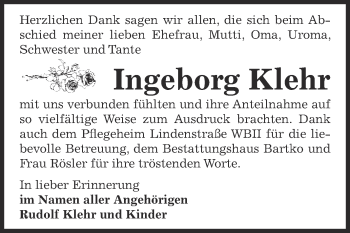 Traueranzeige von Ingeborg Klehr von WVG - Wochenspiegel Dessau / Köthen