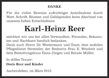 Traueranzeige von Karl-Heinz Reer von Super Sonntag Aschersleben