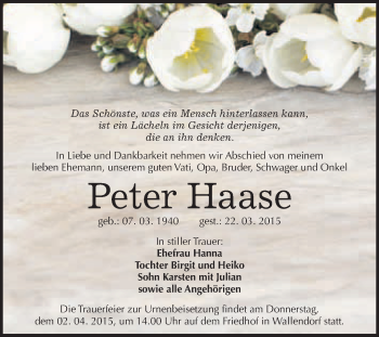 Traueranzeige von Peter Haase von WVG - Wochenspiegel Merseburg