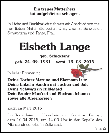 Traueranzeige von Elsbeth Lange von Super Sonntag Zeitz