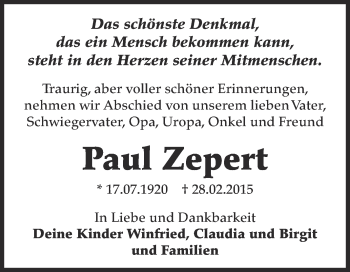 Traueranzeige von Paul Zepert von WVG - Wochenspiegel Dessau / Köthen