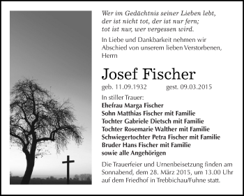 Traueranzeige von Josef Fischer von WVG - Wochenspiegel Dessau / Köthen