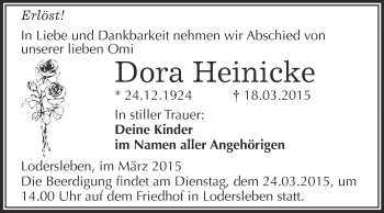 Traueranzeige von Dora Heinicke von WVG - Wochenspiegel Merseburg