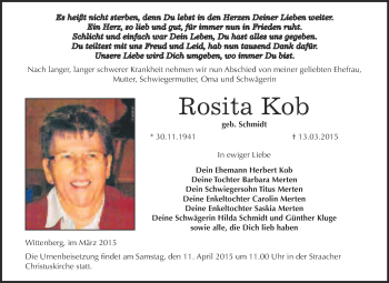 Traueranzeige von Rosita Kob von WVG - Wochenspiegel Wittenberg
