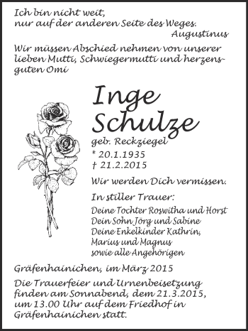 Traueranzeige von Inge Schulze von WVG - Wochenspiegel Wittenberg