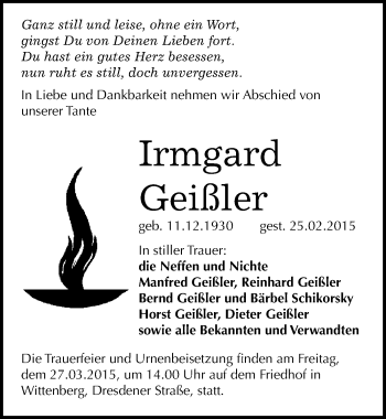 Traueranzeige von Irmgard Geißler von Mitteldeutsche Zeitung Wittenberg