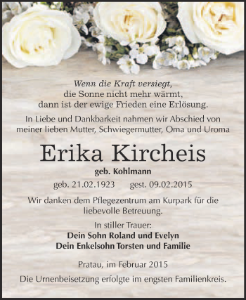 Traueranzeige von Erika Kircheis von WVG - Wochenspiegel Wittenberg