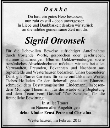 Traueranzeige von Sigrid Otronsek von Super Sonntag Quedlinburg