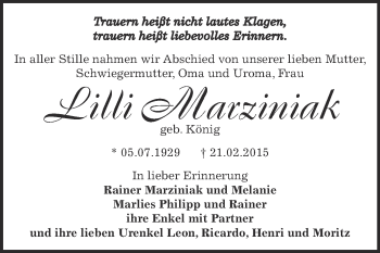 Traueranzeige von Lilli Marziniak von Super Sonntag Bernburg