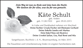 Traueranzeige von Käte Schult von WVG - Wochenspiegel SGH