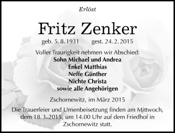Traueranzeige von Fritz Zenker von Mitteldeutsche Zeitung Wittenberg