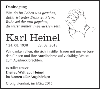 Traueranzeige von Karl Heinel von Super Sonntag Merseburg
