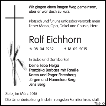 Traueranzeige von Rolf Eichhorn von Super Sonntag Zeitz
