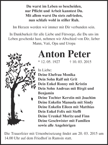 Traueranzeige von Anton Peter von WVG - Wochenspiegel Bitterfeld