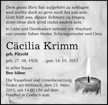 Traueranzeige von Cäcilia Krimm von Mitteldeutsche Zeitung Köthen