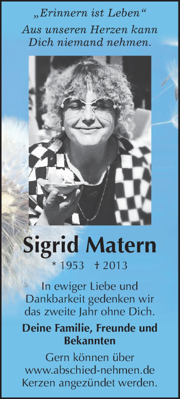 Traueranzeige von Sigrid Matern von Mitteldeutsche Zeitung Halle/Saalkreis