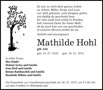 Traueranzeige von Mathilde Hohl von Mitteldeutsche Zeitung Halle/Saalkreis