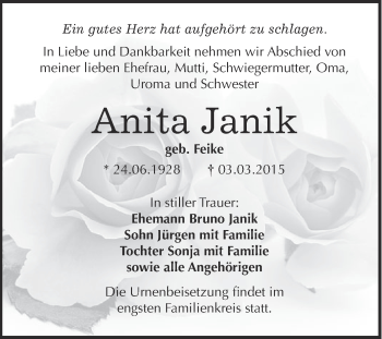 Traueranzeige von Anita Janik von WVG - Wochenspiegel NMB / WSF / ZTZ