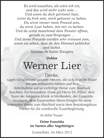Traueranzeige von Werner Lier von WVG - Wochenspiegel NMB / WSF / ZTZ