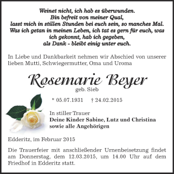 Traueranzeige von Rosemarie Beyer von WVG - Wochenspiegel Dessau / Köthen