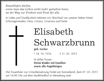 Traueranzeige von Elisabeth Schwarzbrunn von WVG - Wochenspiegel Merseburg