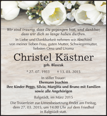 Traueranzeige von Christel Kästner von Mitteldeutsche Zeitung Naumburg/Nebra