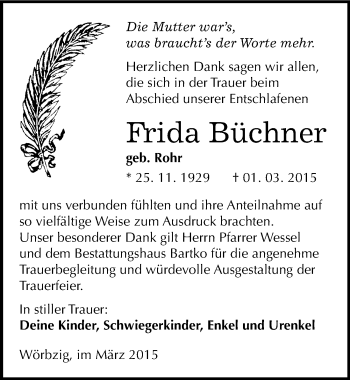 Traueranzeige von Frida Büchner von Mitteldeutsche Zeitung Köthen