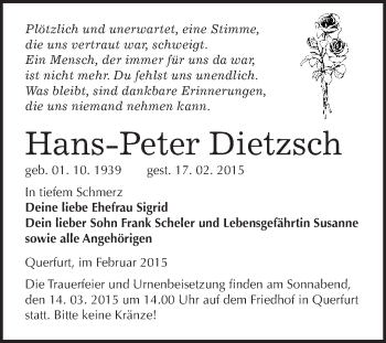 Traueranzeige von Hans-Peter Dietzsch von WVG - Wochenspiegel Merseburg