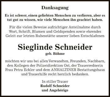 Traueranzeige von Sieglinde Schneider von WVG - Wochenspiegel Dessau / Köthen