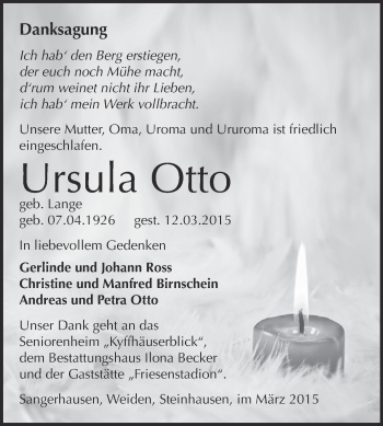 Traueranzeige von Ursula Otto von Super Sonntag SGH Mansf. Land