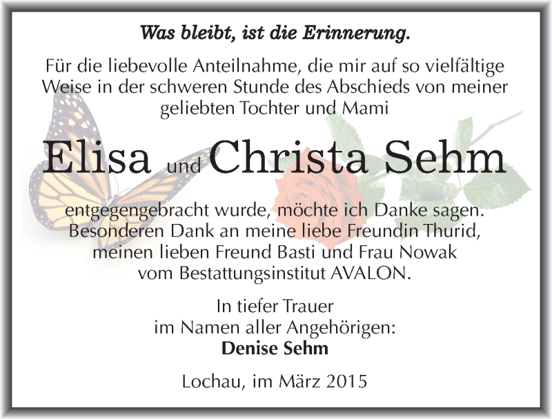  Traueranzeige für Elisa und Christa Sehm vom 21.03.2015 aus Mitteldeutsche Zeitung Halle/Saalkreis