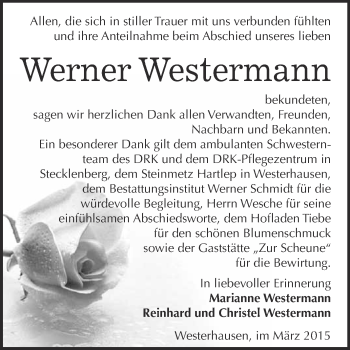 Traueranzeige von Werner Westermann von WVG - Wochenspiegel Quedlinburg