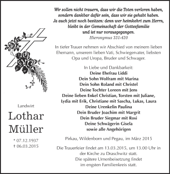 Traueranzeige von Lothar Müller von WVG - Wochenspiegel NMB / WSF / ZTZ