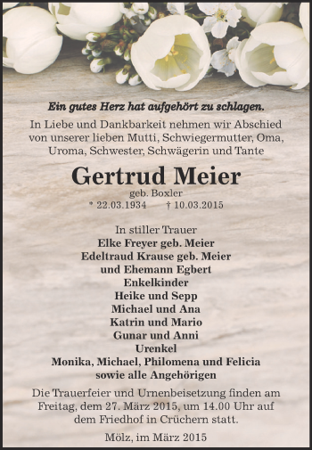 Traueranzeige von Gertrud Meier von WVG - Wochenspiegel Dessau / Köthen