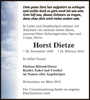 Traueranzeige von Horst Dietze von Super Sonntag Zeitz