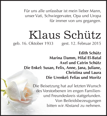 Traueranzeige von Klaus Schütz von Mitteldeutsche Zeitung Halle/Saalkreis