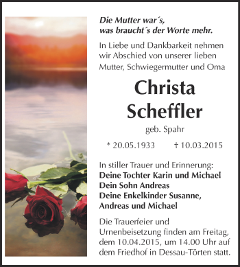 Traueranzeige von Christa Scheffler von Super Sonntag Dessau / Köthen