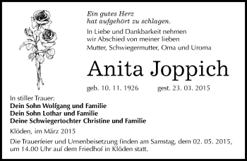 Traueranzeige von Anita Joppich von Mitteldeutsche Zeitung Wittenberg
