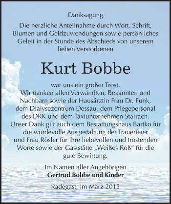 Traueranzeige von Kurt Bobbe von Mitteldeutsche Zeitung Köthen