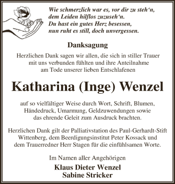 Traueranzeige von Katharina Wenzel von WVG - Wochenspiegel Dessau / Köthen