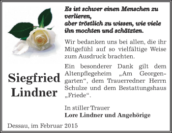 Traueranzeige von Siegfried Lindner von WVG - Wochenspiegel Dessau / Köthen