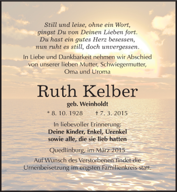 Traueranzeige von Ruth Kelber von Mitteldeutsche Zeitung Quedlinburg
