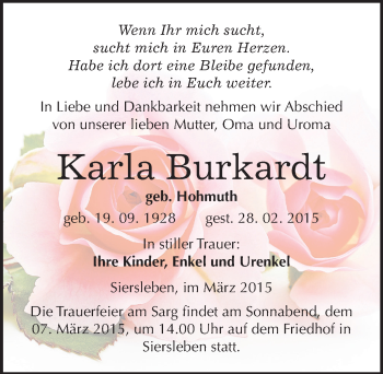 Traueranzeige von Karla Burkardt von Mitteldeutsche Zeitung Mansfelder Land