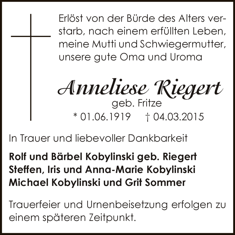  Traueranzeige für Anneliese Riegert vom 15.03.2015 aus Super Sonntag Bernburg