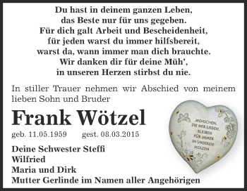 Traueranzeige von Frank Wötzel von Super Sonntag Bernburg