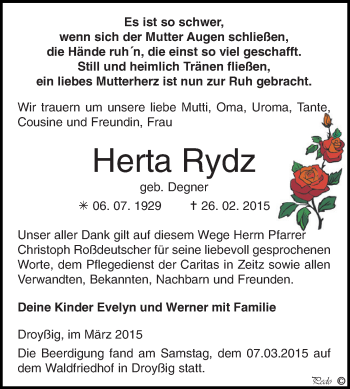 Traueranzeige von Herta Rydz von Super Sonntag Zeitz