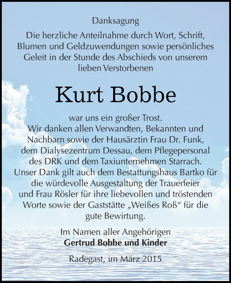  Traueranzeige für Kurt Bobbe vom 15.03.2015 aus WVG - Wochenspiegel Dessau / Köthen