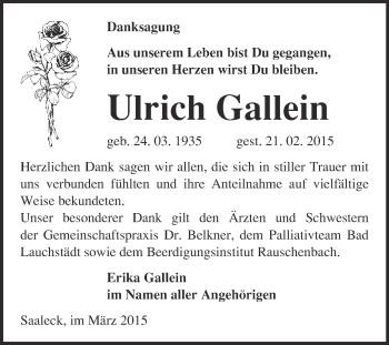 Traueranzeige von Ulrich Gallein von WVG - Wochenspiegel NMB / WSF / ZTZ